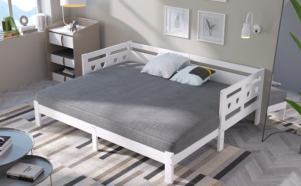 Tagesbett, ausziehbares Bett, aus massivem Kiefernholz, mit zweiter Schlafmöglichkeit und Lattenrost, herzförmiges Bett, weiß – Detail 19