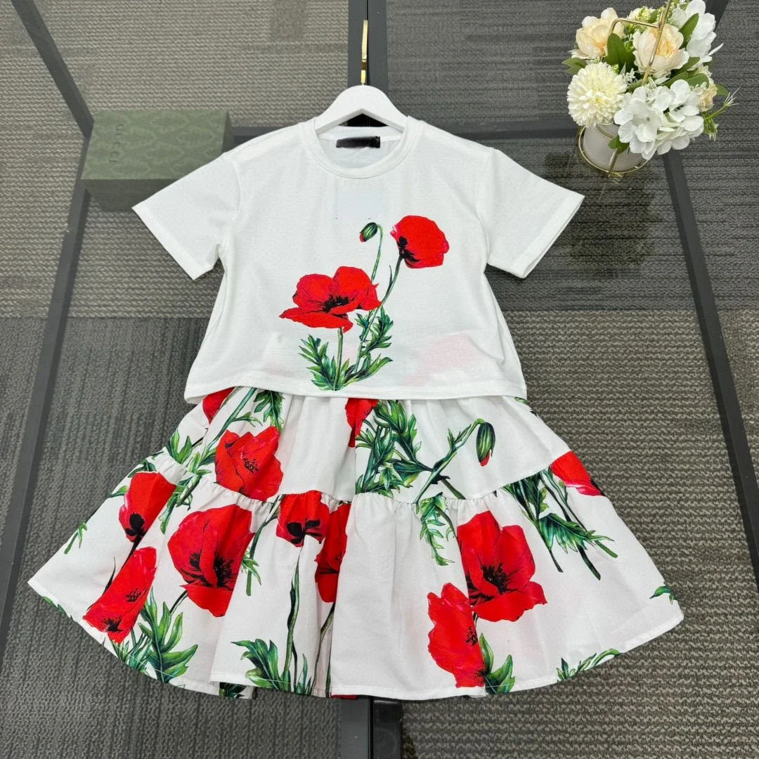 

Summer Children Set New Flowers Printed Short-sleeve Cotton T Shirt Skirt 2pcs 2024 New Arrive Designer Clothes for Kids Girl