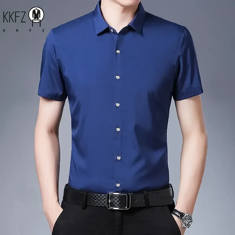 Men's Business Casual Solid Color Short Sleeved Shirt Non Ironing Comfortable Top 2