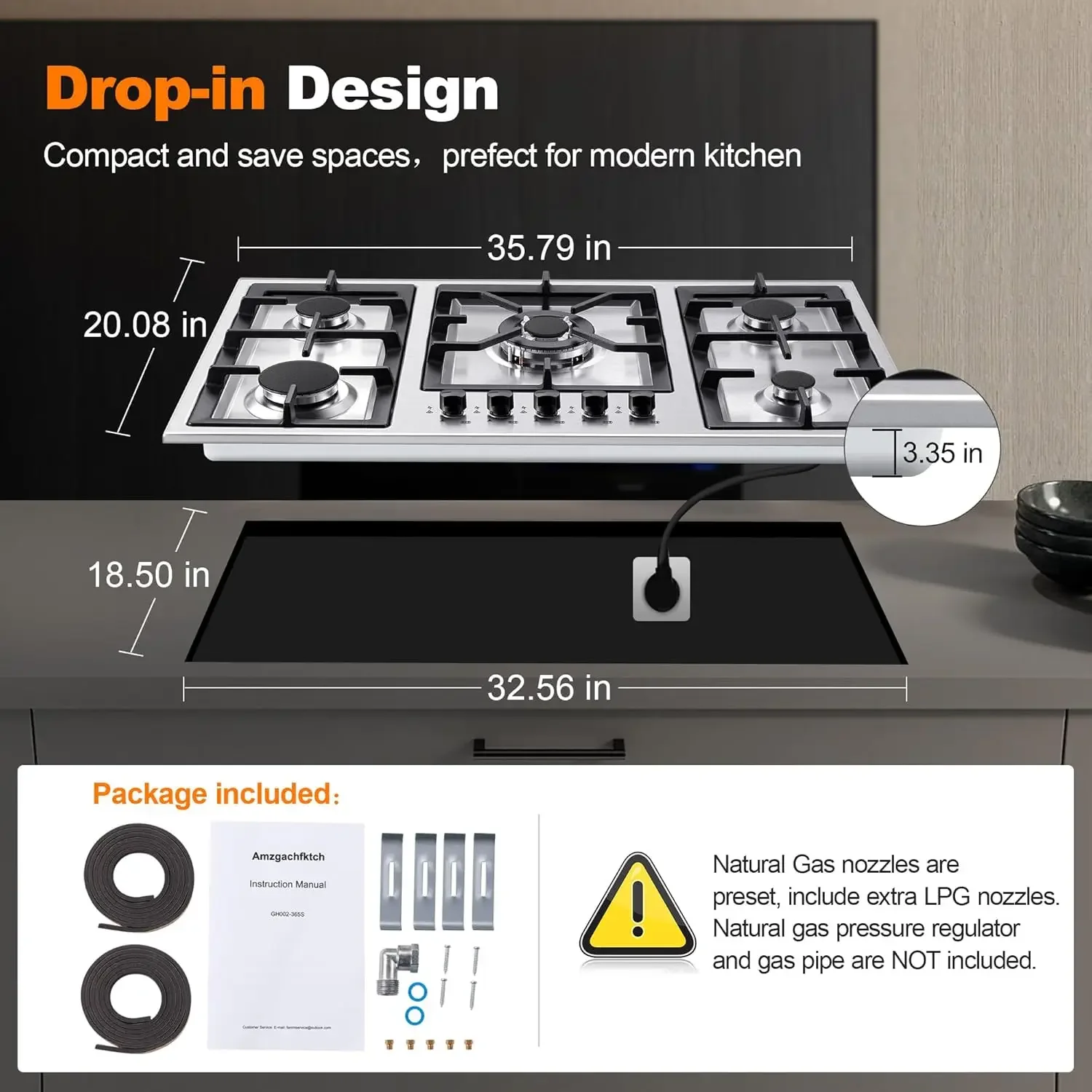 36 Inch Gas Cooktop, 5 Burner Gas Stove Top Total 34,588 BTU, Built-in Stainless Steel 36 Inch Gas Hob with Thermocouple Protect 6