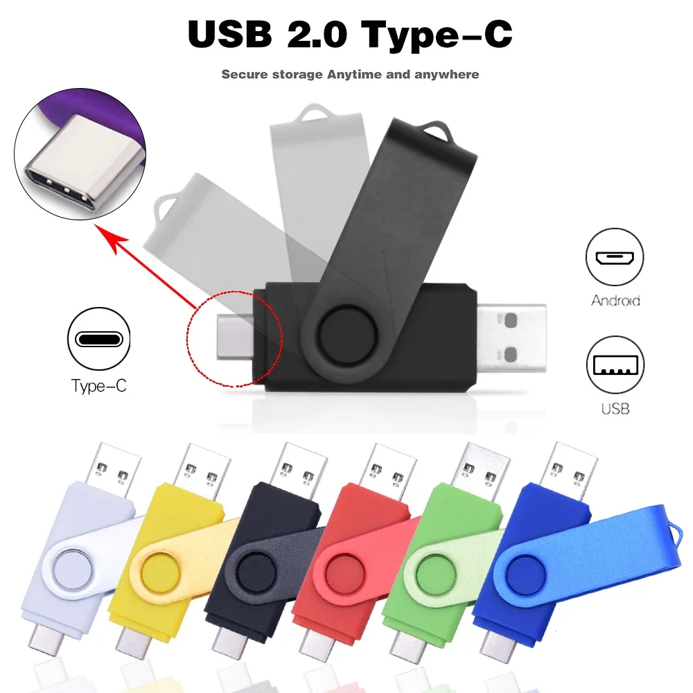 USB Flash Drive Flash Drive Type C Pendrive Rotable Usb Flash Drive 128GB 32GB 16GB Pen Drive 256GB Pendrive 64GB 4G OTG 2 IN 1 Memoria Usb Stick Type C 2.0