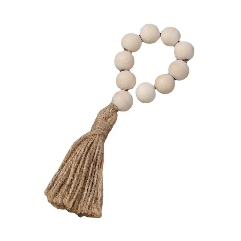 Wood Bead Garland Farmhouse Rustic Wall Hanging Decor Boho Home Decorations with Heart Knot Woven Tassel Pendant ﻿