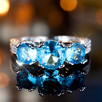 Female Aqua Blue Round Zircon Stone Finger Engagement Ring Vintage Silver Color Wedding Band Bridal Jewelry For Women