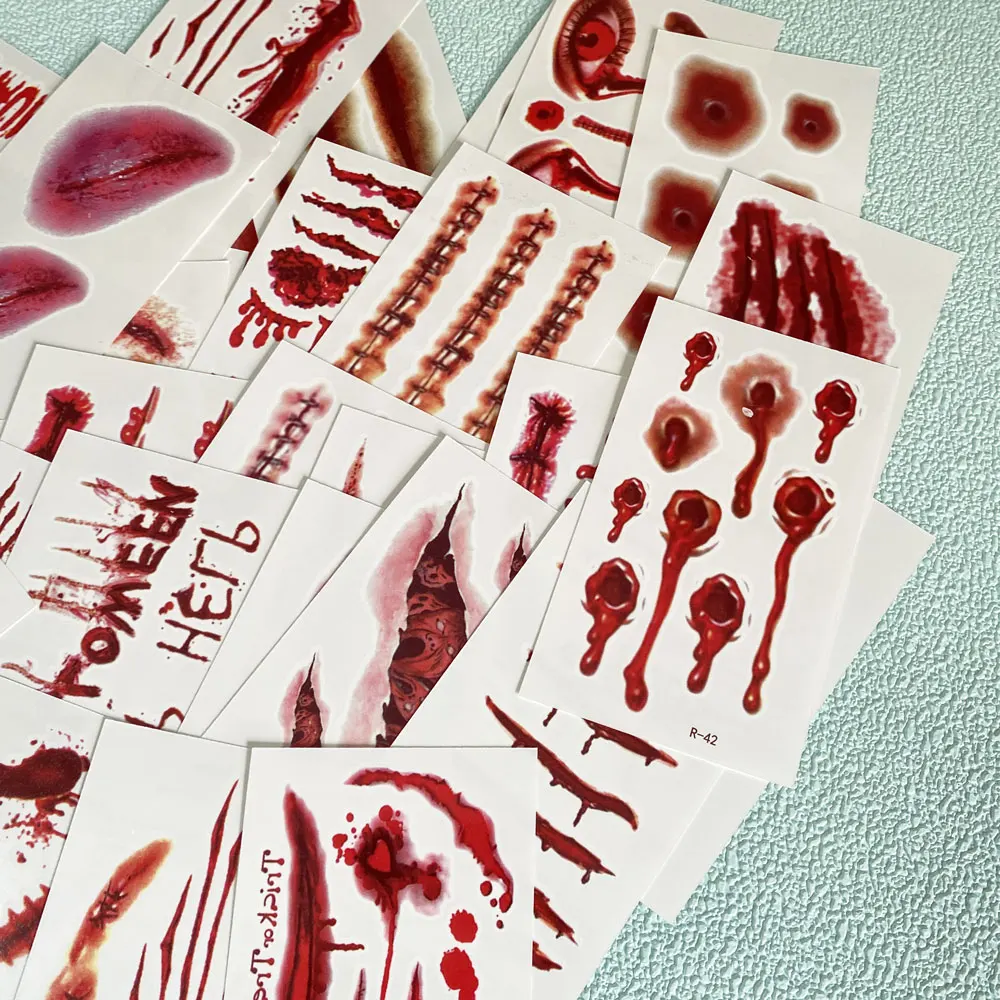 Disposable Halloween Tattoo Stickers Bleeding Wound Scar Temporary Tattoos for Men Women Face Makeup Fake Tattoo 30pcs