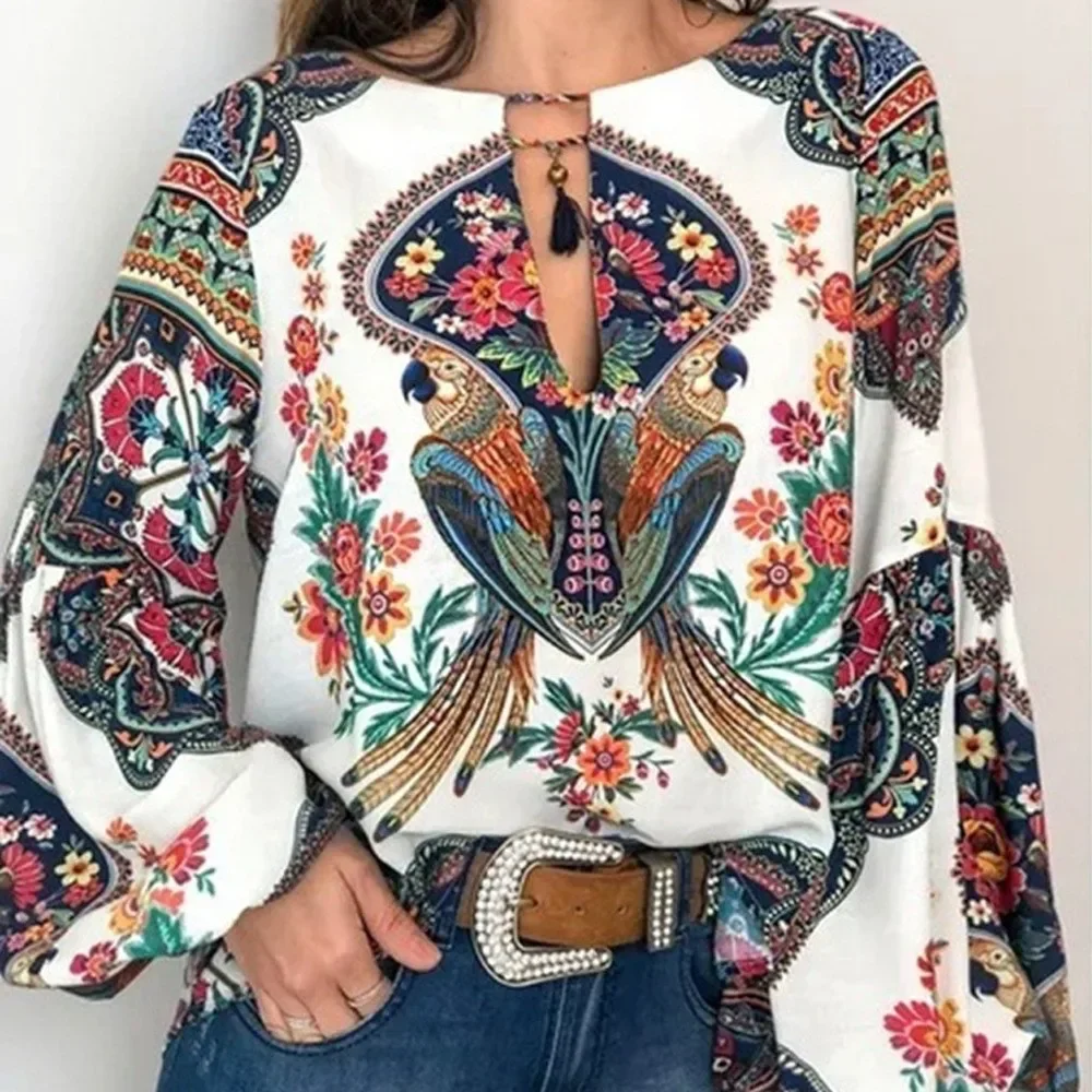 

2024 Spring and Summer New Women's Fashion Personalized Women's Digital Printed Round Neck Lantern Sleeve Shirt