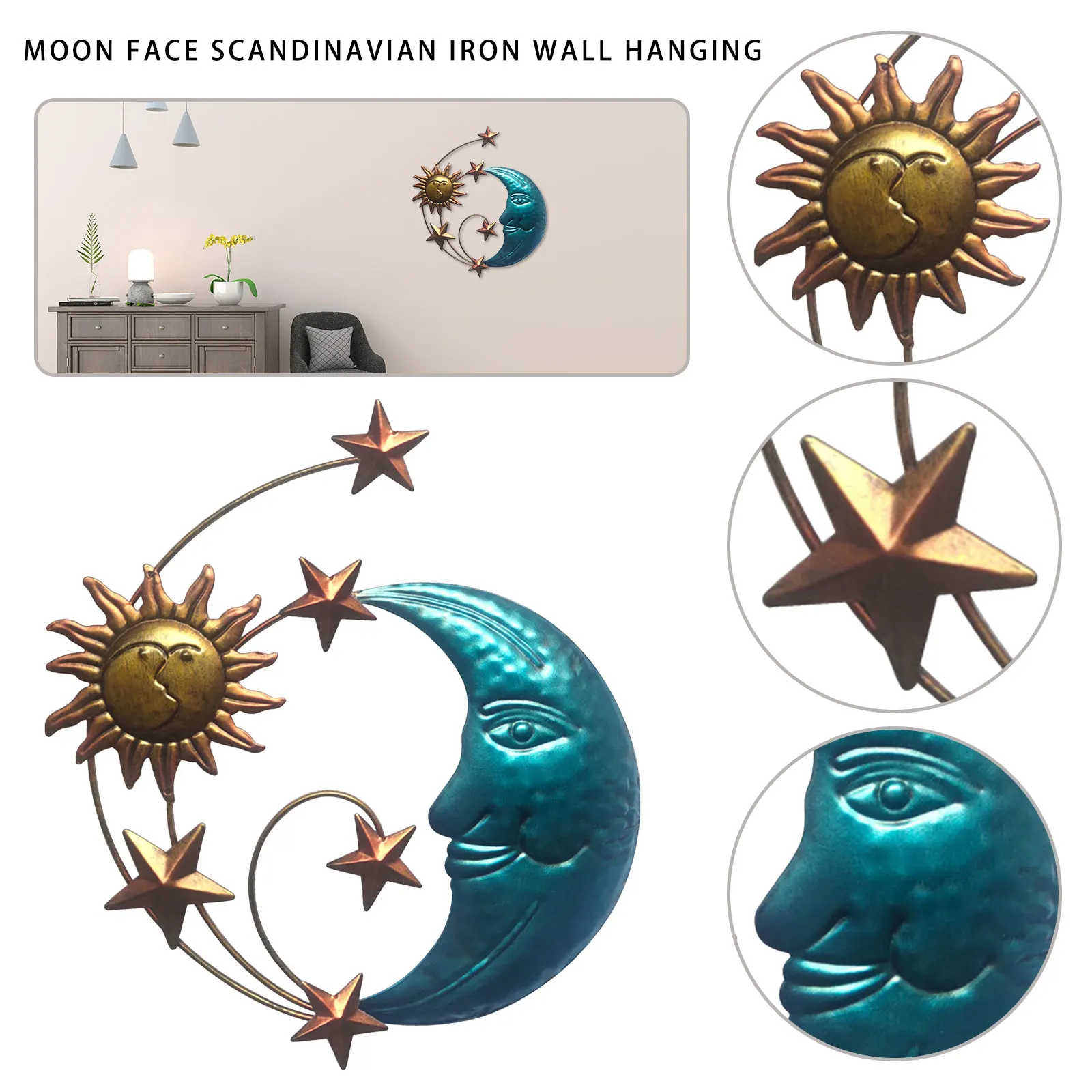 Sun Moon Star Face Wall Hanging Sculpture Sun Face Metal Wall Art Decor Indoor Outdoor Wall Decor Metal Hanging Wall Patio Decor