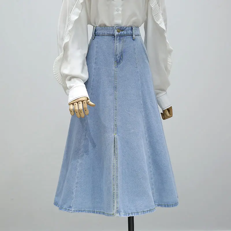 

Long Denim Skirt Women Vintage High Wasit Jeans Skirt Big Hem Elegant A-line Skirt Ladies Clothes Summer 2022