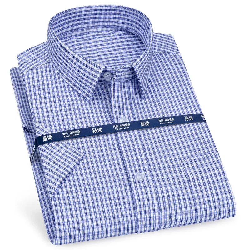 Mens Short Sleeve Shirt Business Casual Classic Plaid Striped Checked Male Social Dress Shirts Purple Blue Beach Quality Shirts dress shirts men casual shirts