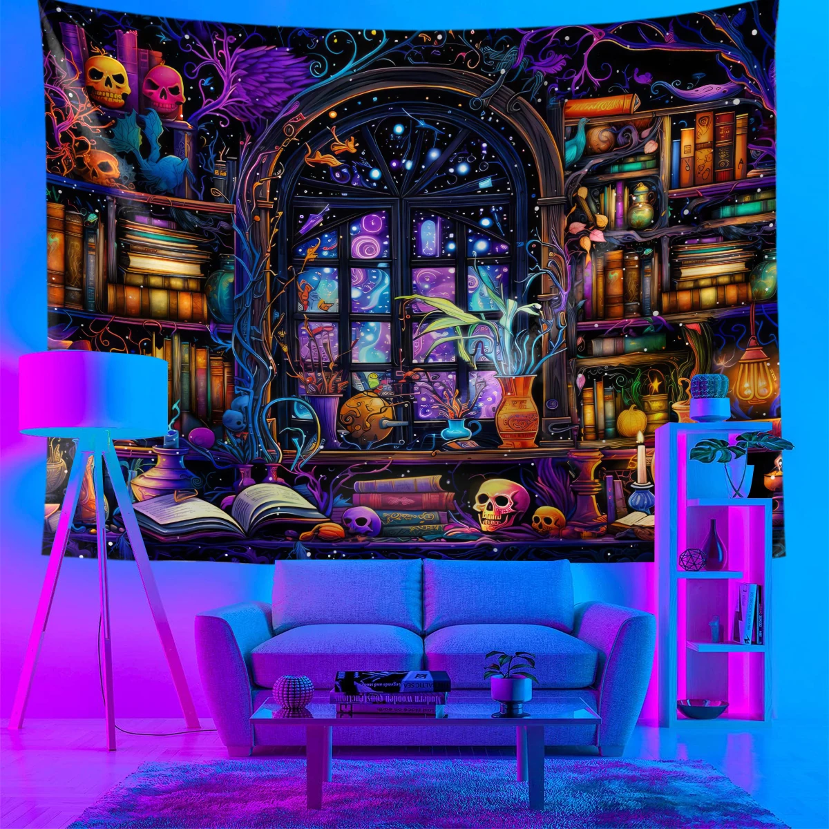 Fluorescent Tapestry Magician's Bookcase Wall Hanging Tapestry Magic Alchemy Art Wall Hanging Creative Tabric Backdrop