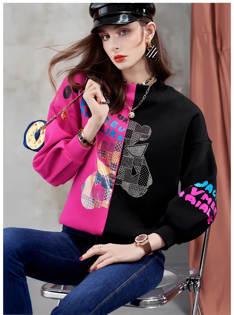 نمط الشارع بالإضافة إلى سترة صوفية نسائية كاجوال مرصعة بالألماس الثقيل وسميكة ومطابقة للألوان