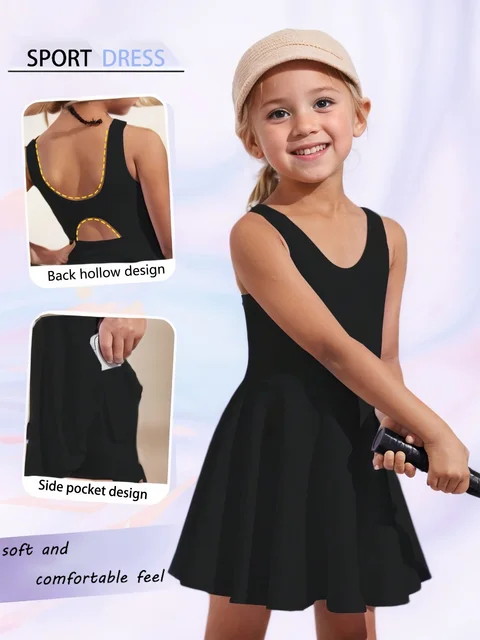 Robe de sport sans manches pour filles, dos creux, avec short intégré et poches, pour le tennis, le cyclisme, les activités de plein air, séchage rapide pour enfants 1