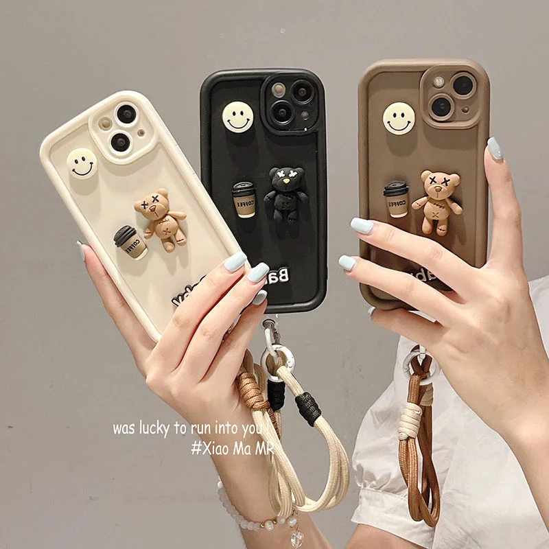 Stylish 3D Bear Phone Case with Lanyard Attachment