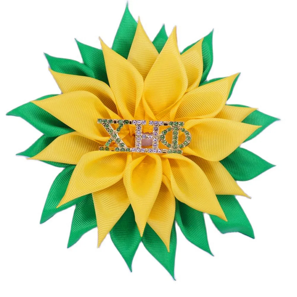 

Новый дизайн, однотонная зеленая и Желтая атласная лента, Подсолнух, Корсажная булавка для девушек, Женская Брошь из соor Chi Eta Phi