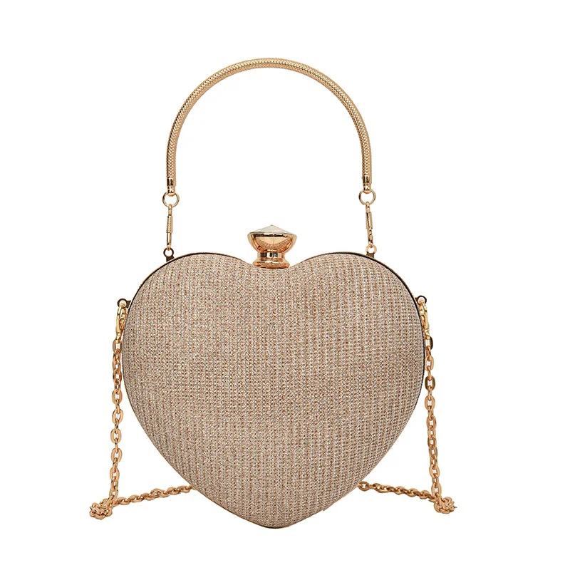 New Dinner Heart Shaped Chain Shoulder Female Tote Bag Fashion Diamond Metal Handheld Y2k Handbag Woman Party Bolsas Clutche