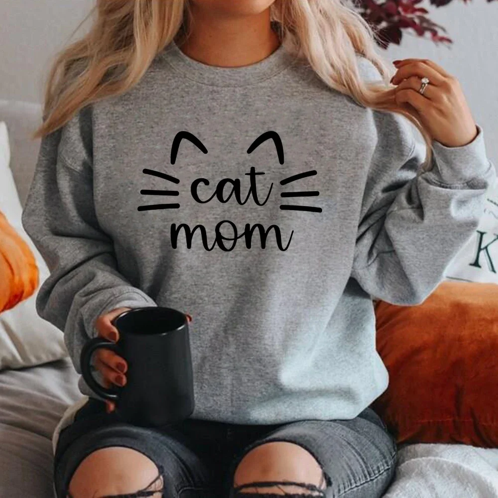 고양이 엄마 맨투맨 고양이 엄마 운동복, 고양이 엄마 선물, 여성 그래픽 후드, 긴팔 크루넥 풀오버, 여성 스트리트웨어 탑