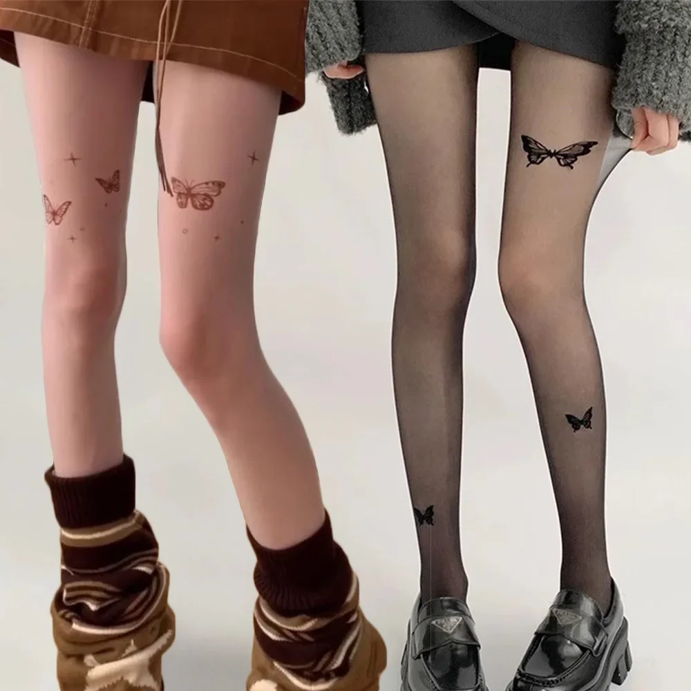 Women Socks Skin Color Tights Ultra-thin Vintage Y2K Fake Tattoo Butterfly Transparent Silk Pantyhose Girls Lolita Summer Stockings