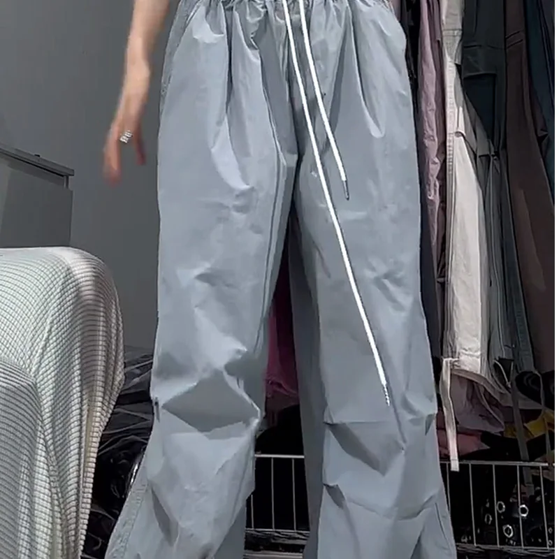 2024 New Summer Korean Style Retro Loose Casual Oversized Women's Clothing Solid Color Drawstring Pockets Folds Chic Y2K Pants