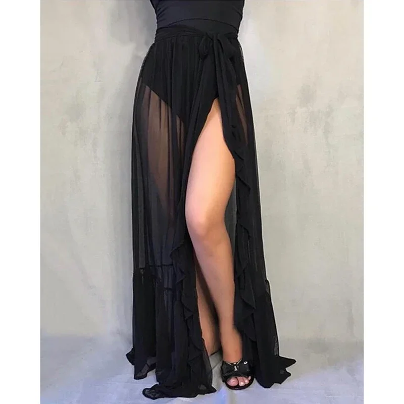 Combhasaki Womens Mesh Sheer Beach Holiday Ruffled Sunscreen Bikini Cover Up Wrap Belted Bow knot tied Long Skirt Summer Holiday swimsuit cover up swimsuit coverup fishnet cover up sunscreen shawl