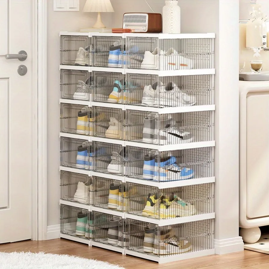 Foldable Shoe Rack Organizer Collapsible Shoes Storage Box Clear Shoe Boxes Cabinet with Lids Baskets, Bins & Containers