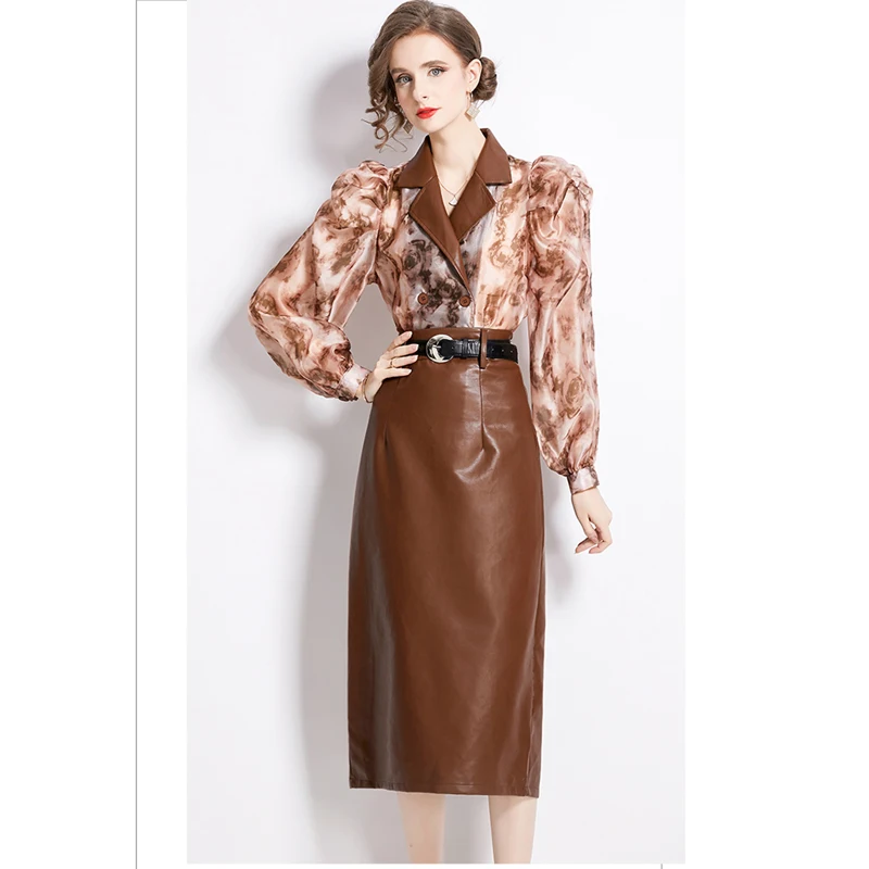 

Runway Fashion Two Piece Set Women Elegant Lapel Puff Sleeve Flower Chiffon Shirt & High Waist OL PU Leather Skirts Female 2023