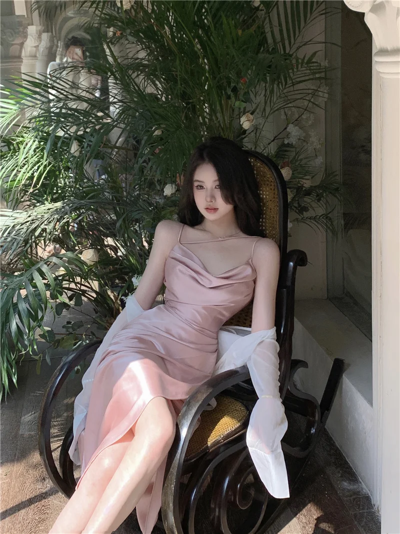 Sexy Satin Midi Dress Women New Summer Spaghetti Strap Slim Swinging Collar Split Evening Party Dresses Prom One Piece Vestido