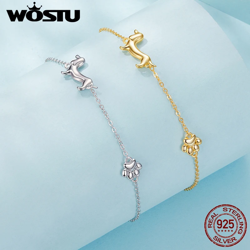 WOSTU 925 Sterling Silver Dachshund Pendant Necklace 18K Gold Pet Paw Chain Link Dog Charm bracelets Earrings Ring For Pet Lover 3