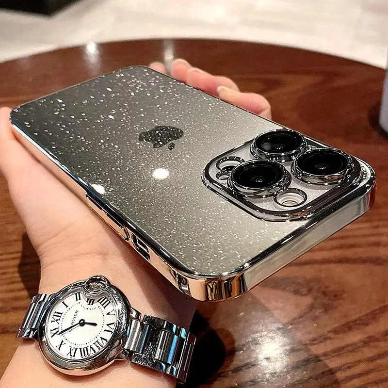 Luxury Transparent Glitter Phone Case with Electroplated Bumper and Shockproof Clear Back Cover