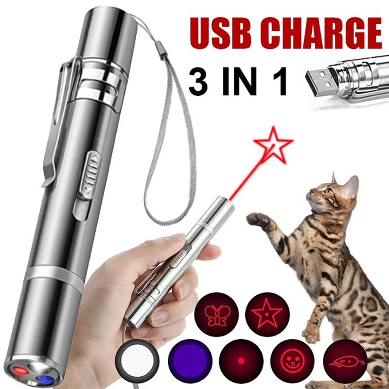 Cat Toys Laser Pointer with 5 Adjustable Patterns USB Recharge Laser Long Range Training Chaser Interactive Toy Dog Pen