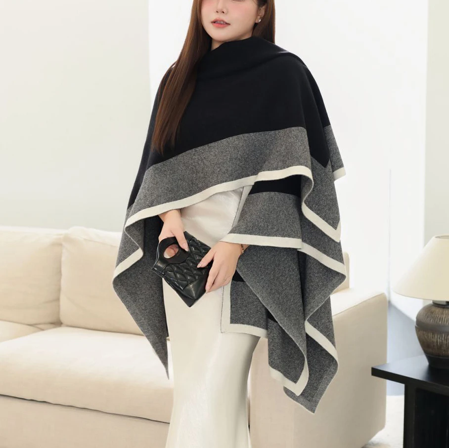 Fashion Plus Size Women's Cloak Premium French-style Atmosphere Knitted Color Blocking Outerwear Shawl Cape 9304
