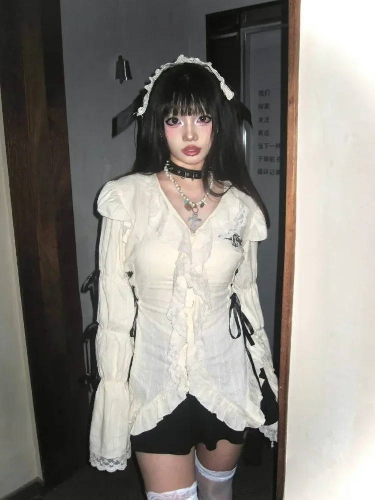 HOUZHO Y2k Harajuku Streetwear Lace Shirt Grunge Gothic Irregular Blouses Fairy Lolita Bandage Shirt Vintage Aesthetics Clothes