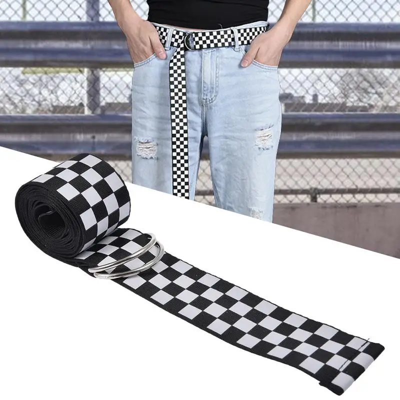 

Canvas Plaid Belt Female Checkerboard Belt Casual Waist Black White Checkered Double D Ring Buckle Teenager Men Long Belts