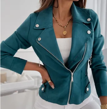 Faux Suede Biker Moto Jacket for Women Long Sleeve Zipper Up Casual Outwear Autumn Slim Black Khaki Blue Green Coat