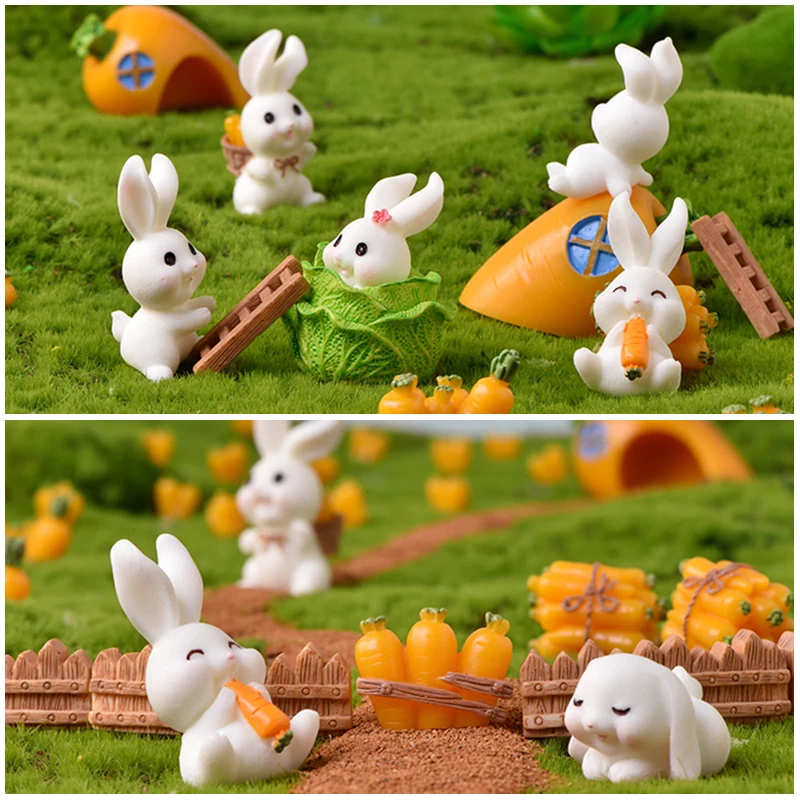 Miniature Rabbit Model Mini Animal Figurine Garden Landscape Cake Ornament Resin Craft Easter Home Office Desktop Decor Supplies
