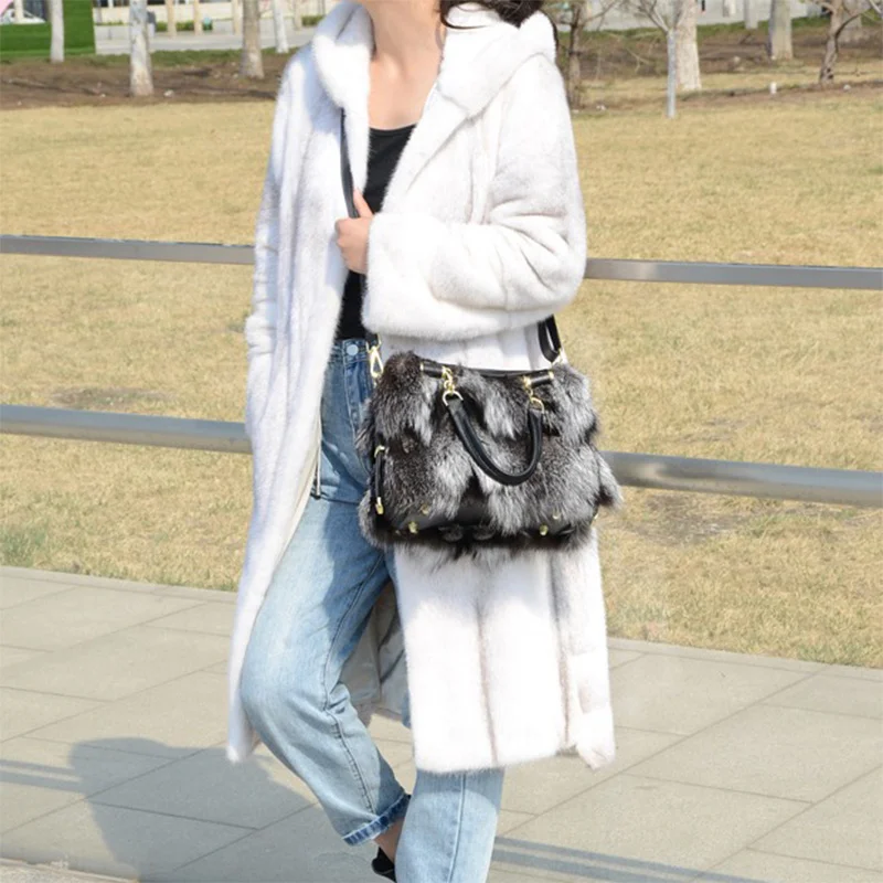New Women's Large Handbag Leather Fox Fur Large Capacity Fashion Women's Skew Handbag Autumn/Winter Casual Fur Bag