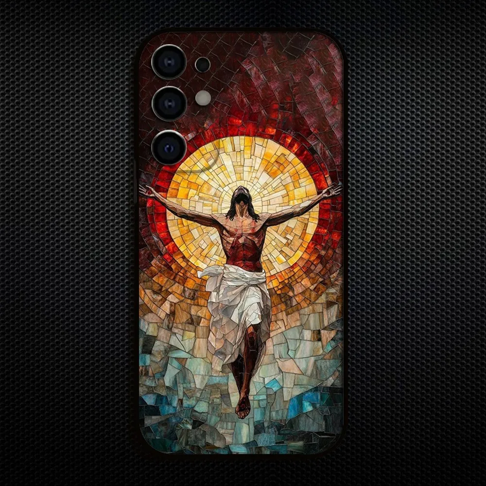 Classic Stained Glass Jesus Christ Phone Case - Elegant Black Cover