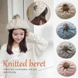 Woman Autumn Winter Knitted Berets Women Fashion Faux Rabbit Fur Pompom Artist Caps Lady Wool Knitted Beret