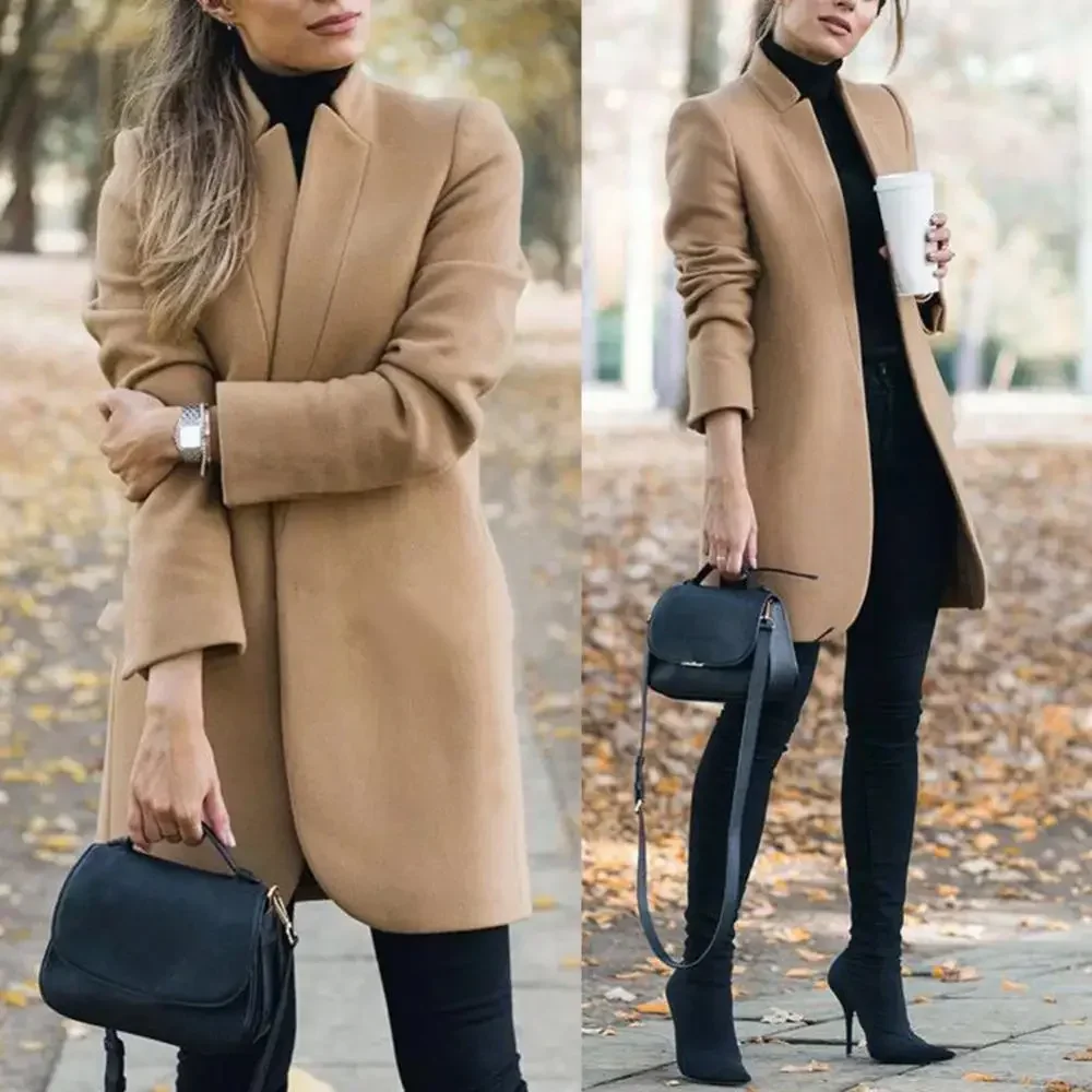 Office Lady Autumn Solid Color Stand Collar Woolen Long Coat  Cardigan women autumn winter solid color woolen coat lapel long sleeve two buttons pockets mid length woolen cardigan outwear