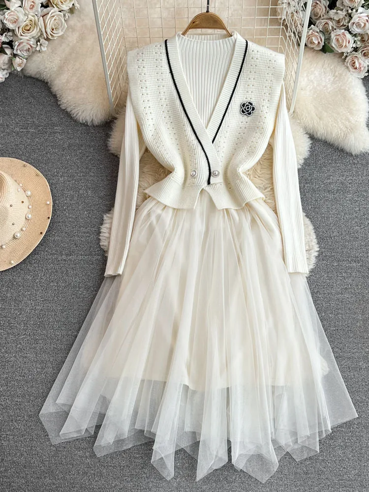 

Women Autumn Vestidos Temperament Sweater Vest Style Long Sleeve Standing Neck Knitted Spliced Waist Mesh A-line Dress D5138
