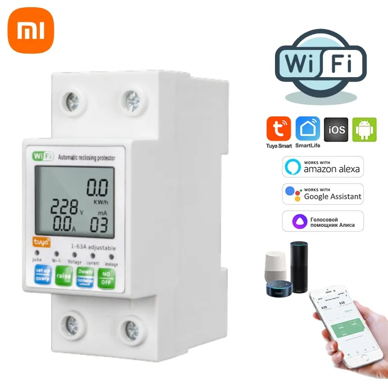 Xiaomi 63A TUYA APP WiFi Smart Circuit Earth Leakage Over Under Voltage Protector Relay Device Switch Breaker Energy Power Tools