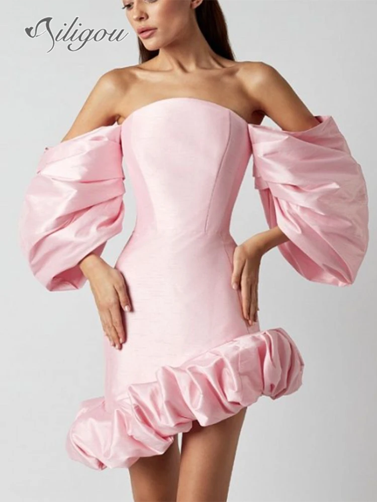 

Ailigou 2023 Women's Pink Sexy Off Shoulder Asymmetric Bubble Sleeve Mini Dress with Ruffle Edge Elegant Celebrity Party Dress