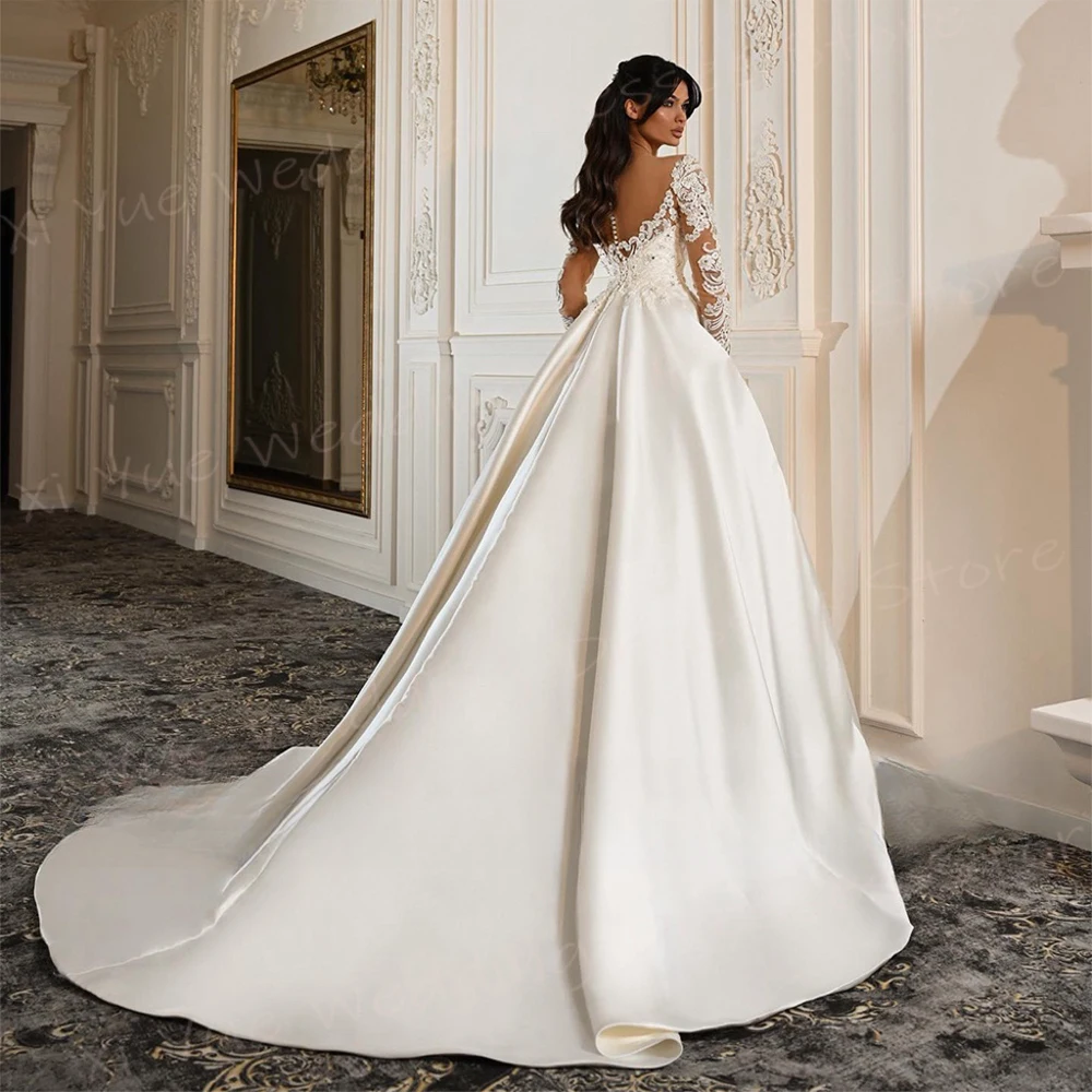 Sexy Satin A Line Wedding Dresses Appliques Lace Bride Gowns V Neck Women Customized Vestidos De Novia Boda Long Sleeve Princess 2