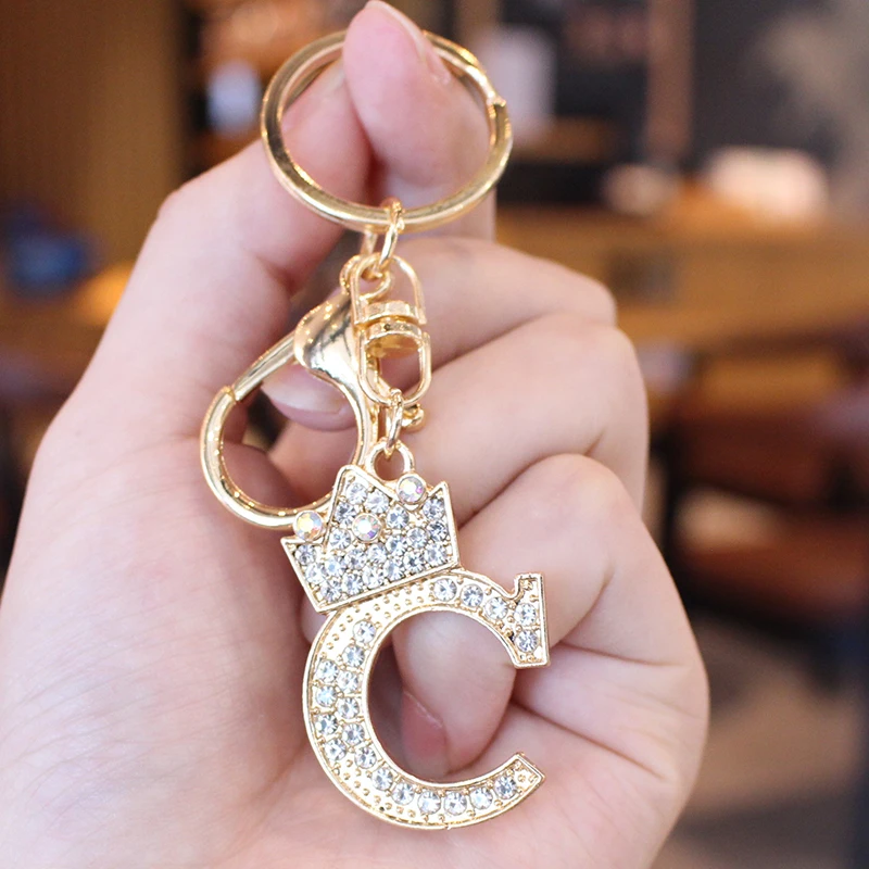 26 Initial Letter Rhinestone Keychain For Women Charm Crystal Crown Gold Plated Key Ring Bag Car Key Chains DIY Accessoreis