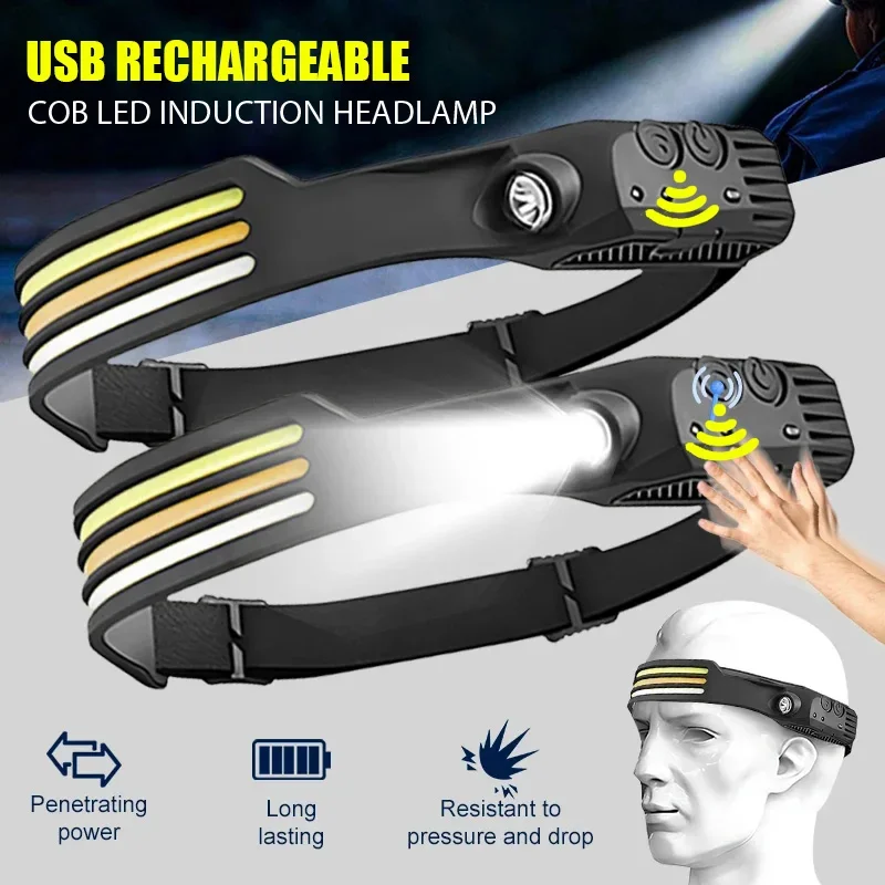 

USB Rechargeable LED Sensor Headlamp XPE+COB HeadLight Led Head Torch for Fishing Lantern Camping Search Light Head Flashlight