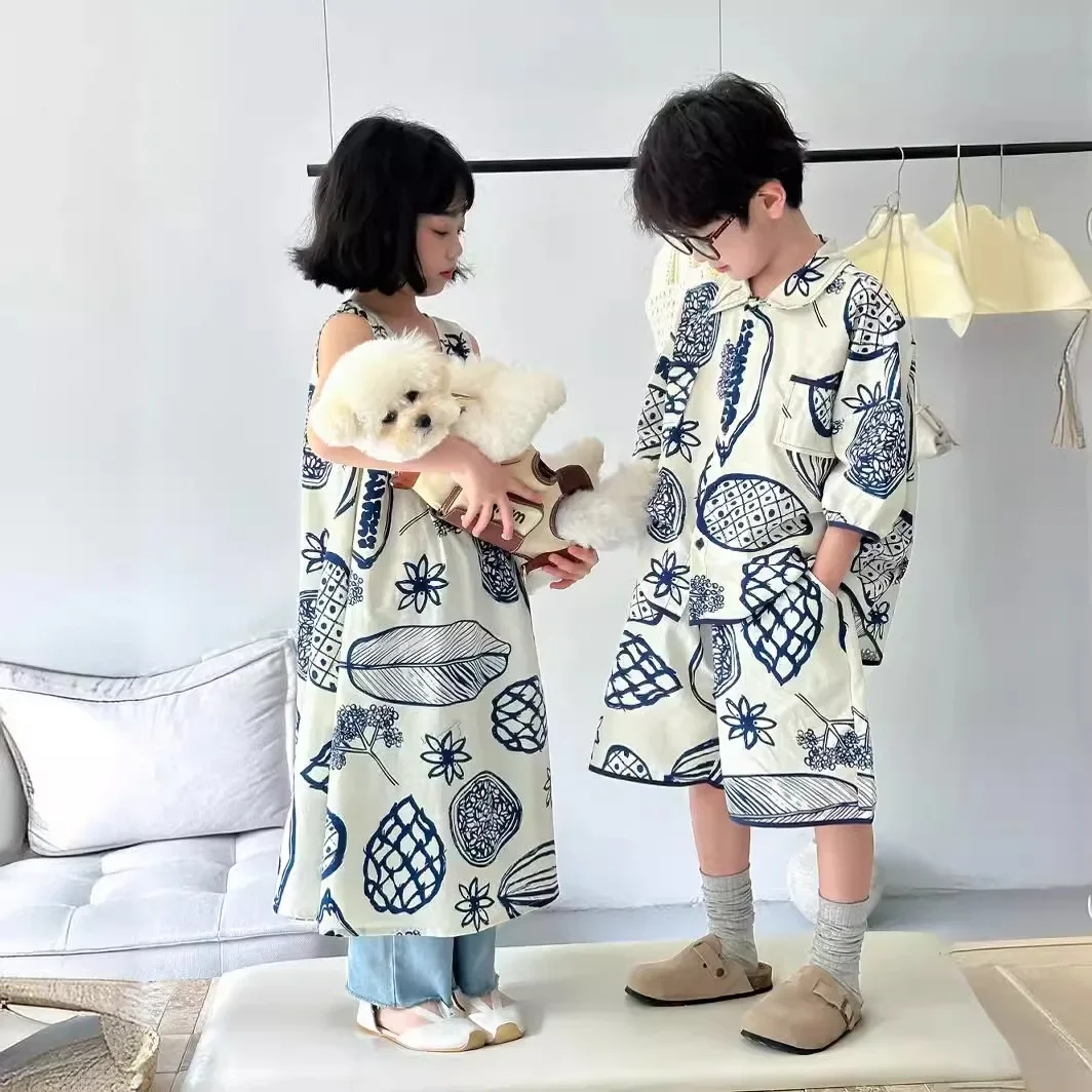 

Children Clothing Suit 2024 Summer Korean Style Irregular Pattern Dress Boys and Girls Casual Short-sleeved Shorts Two-piece Set