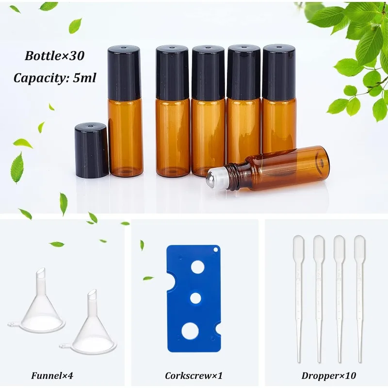 30 Pack 5ml Amber Glass Essential Oils Roller Bottles with Stainless Steel Roller Balls 10Pcs 3ml Droppers 4Pcs Funnels