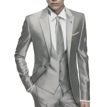 Abito da uomo in raso grigio argento Set sottile Matrimonio formale Skinny Elegante blazer maschile Party Smoking personalizzato 3 pezzi Abiti da uomo