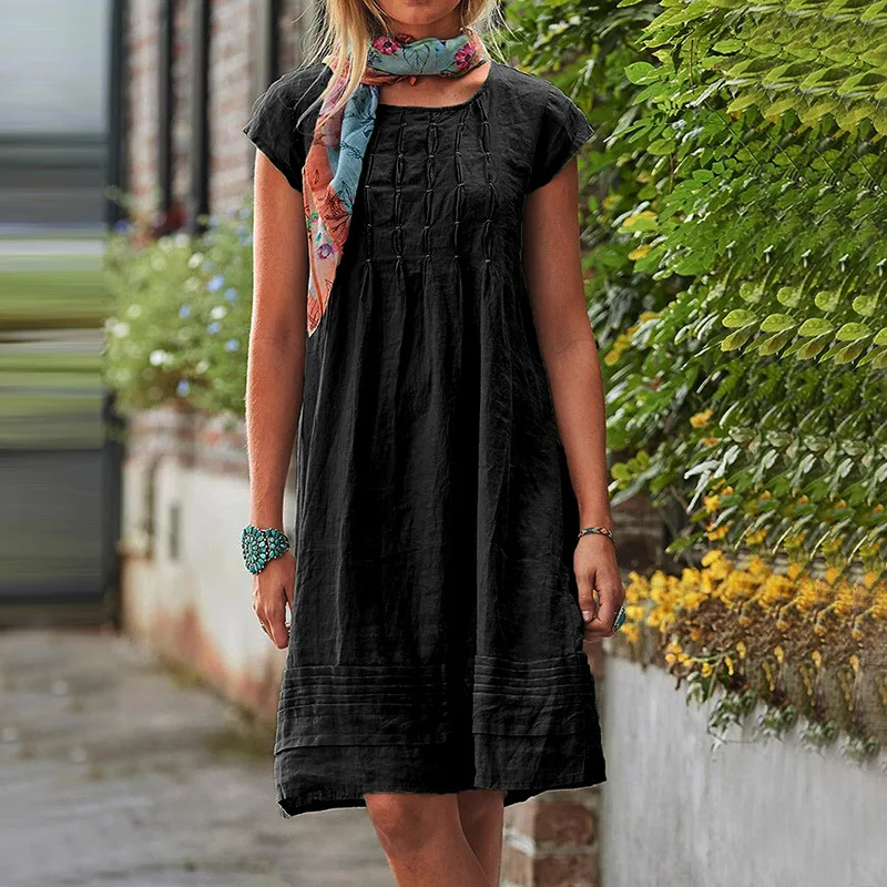 Vestido De Algodón Y Lino Con Cuello En V Y Manga