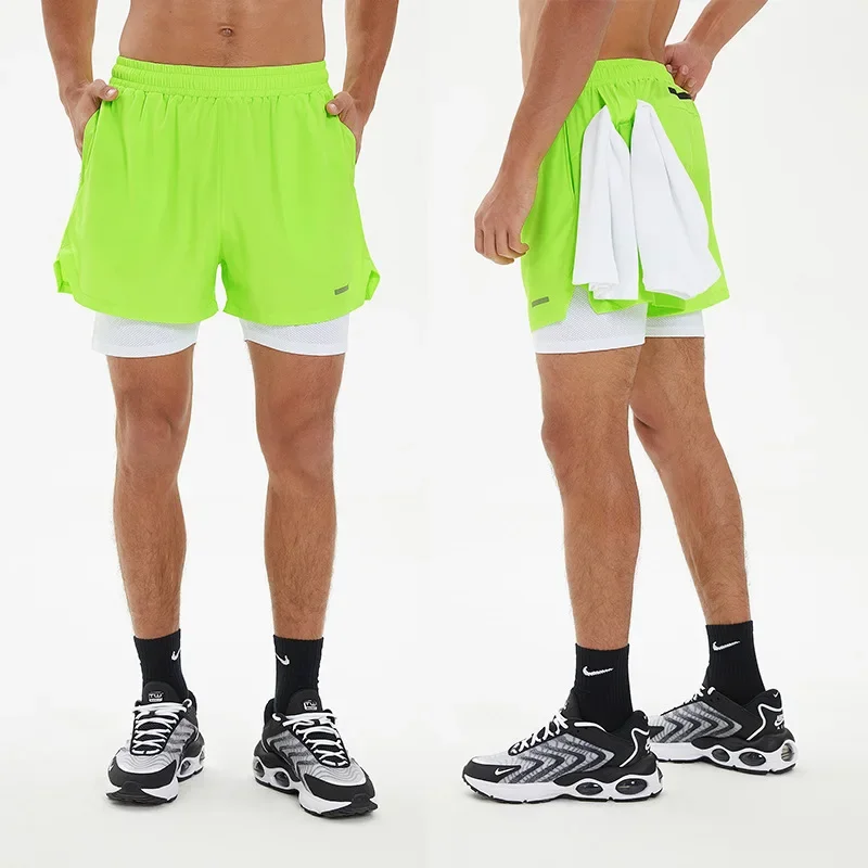 Summer Double Layer Sports Pants Fitness Running Shorts Underwear Quick Dry Mid-Length Pants False Two-Piece Design