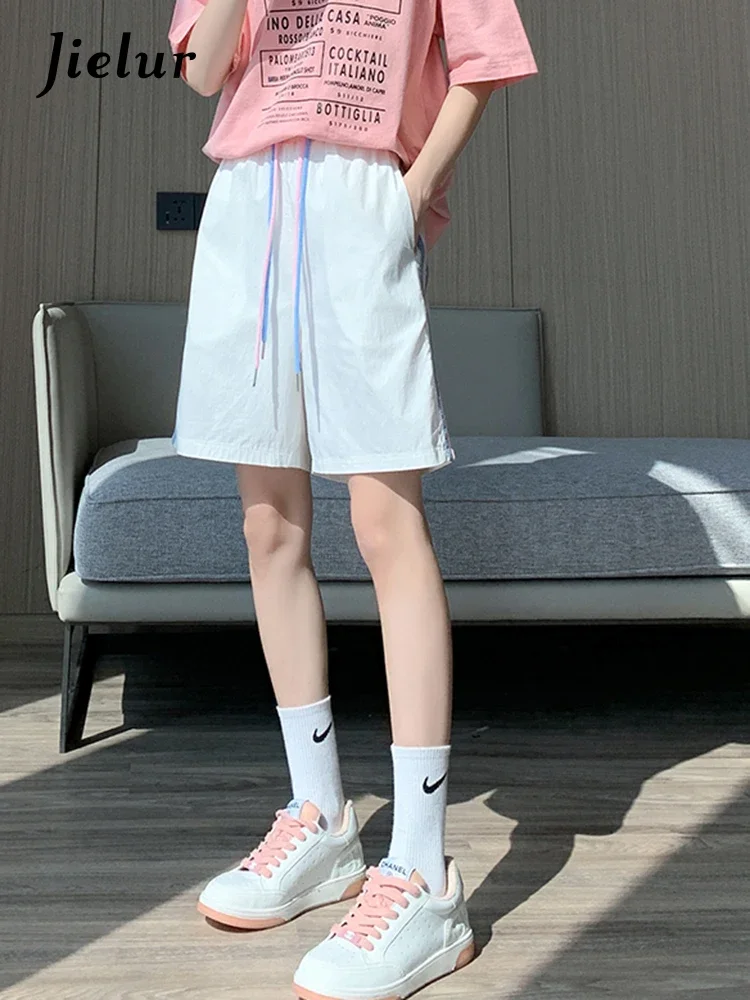Jielur Side Stripe Pink Shorts Women Summer Loose Drawstring Sports Shorts High Waist Simple Wide Leg Casual Short Pants Female