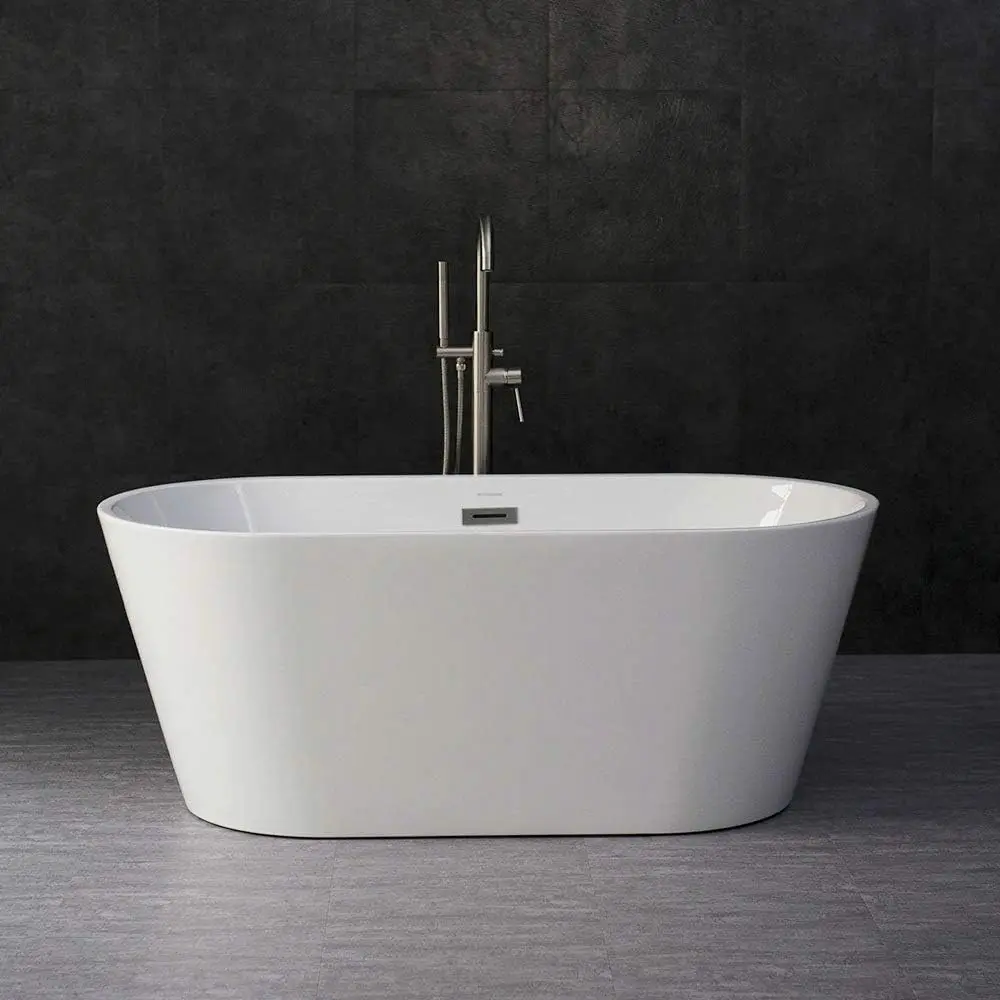 59 Acrylic Freestanding Bathtub Contemporary Soaking Tub with Brushed Nickel Overflow and Drain White Anti slip design 2